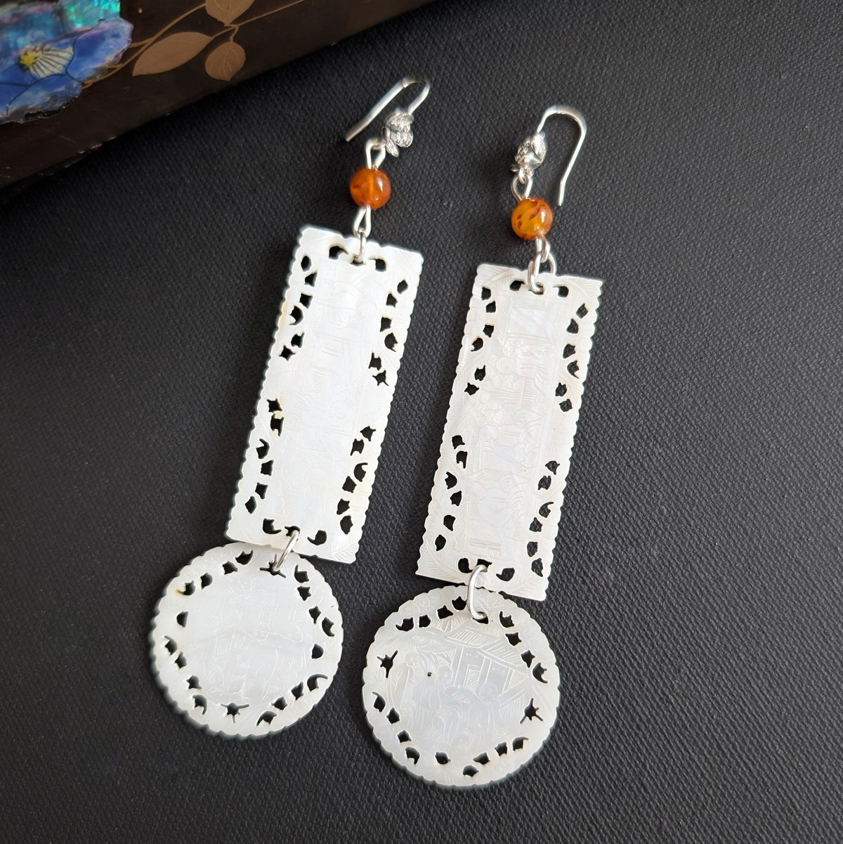 Unique design earrings with antique Chinese mother of pearl gaming counters chips tokens #2989