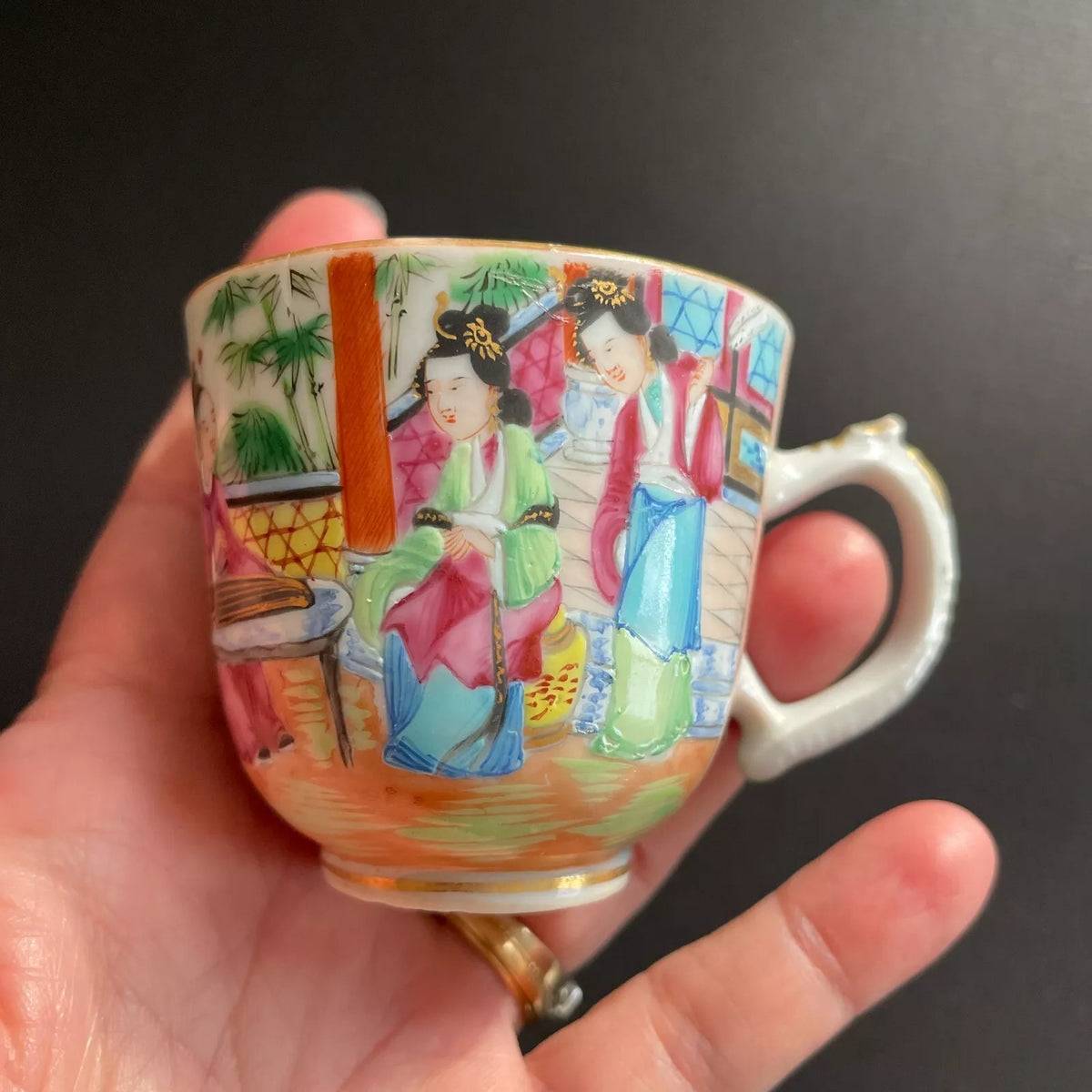 中国古董广彩花鸟纹茶杯及茶托 #1728
