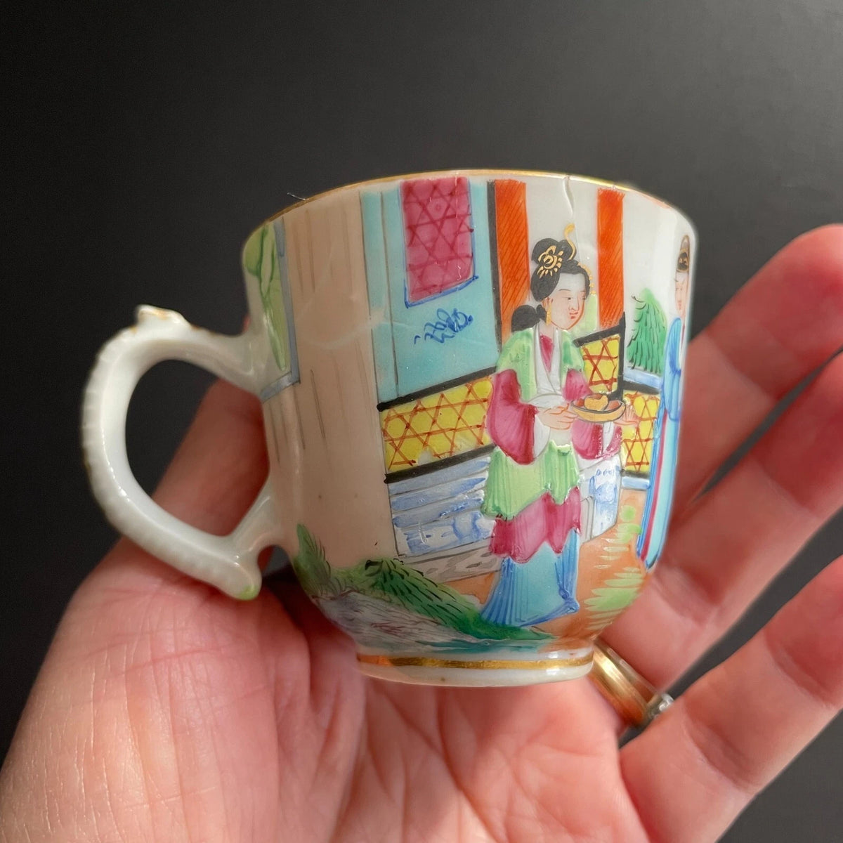 中国古董广彩花鸟纹茶杯及茶托 #1728