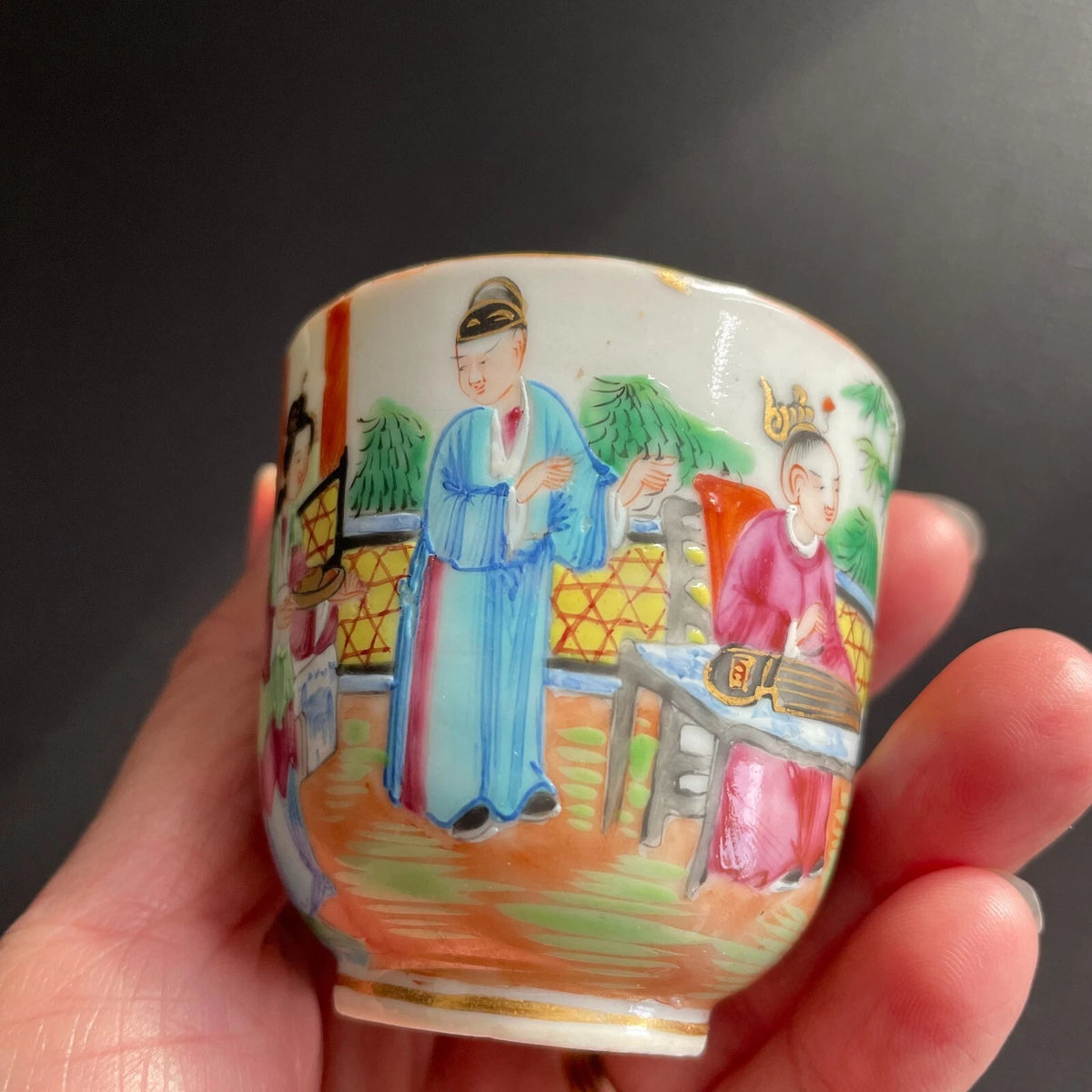 中国古董广彩花鸟纹茶杯及茶托 #1728