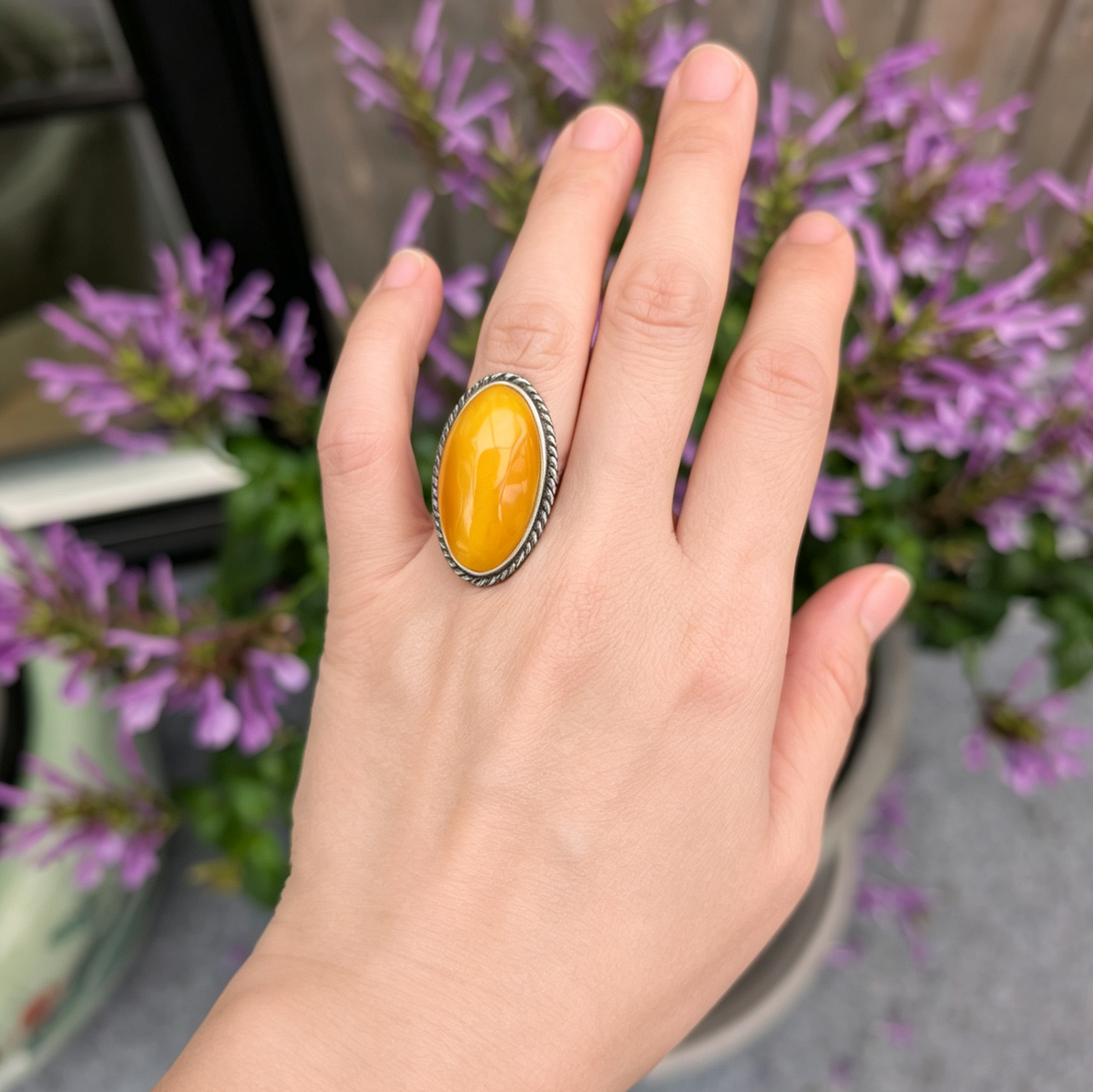 Vintage natural amber ring Danish design sterling silver #3051