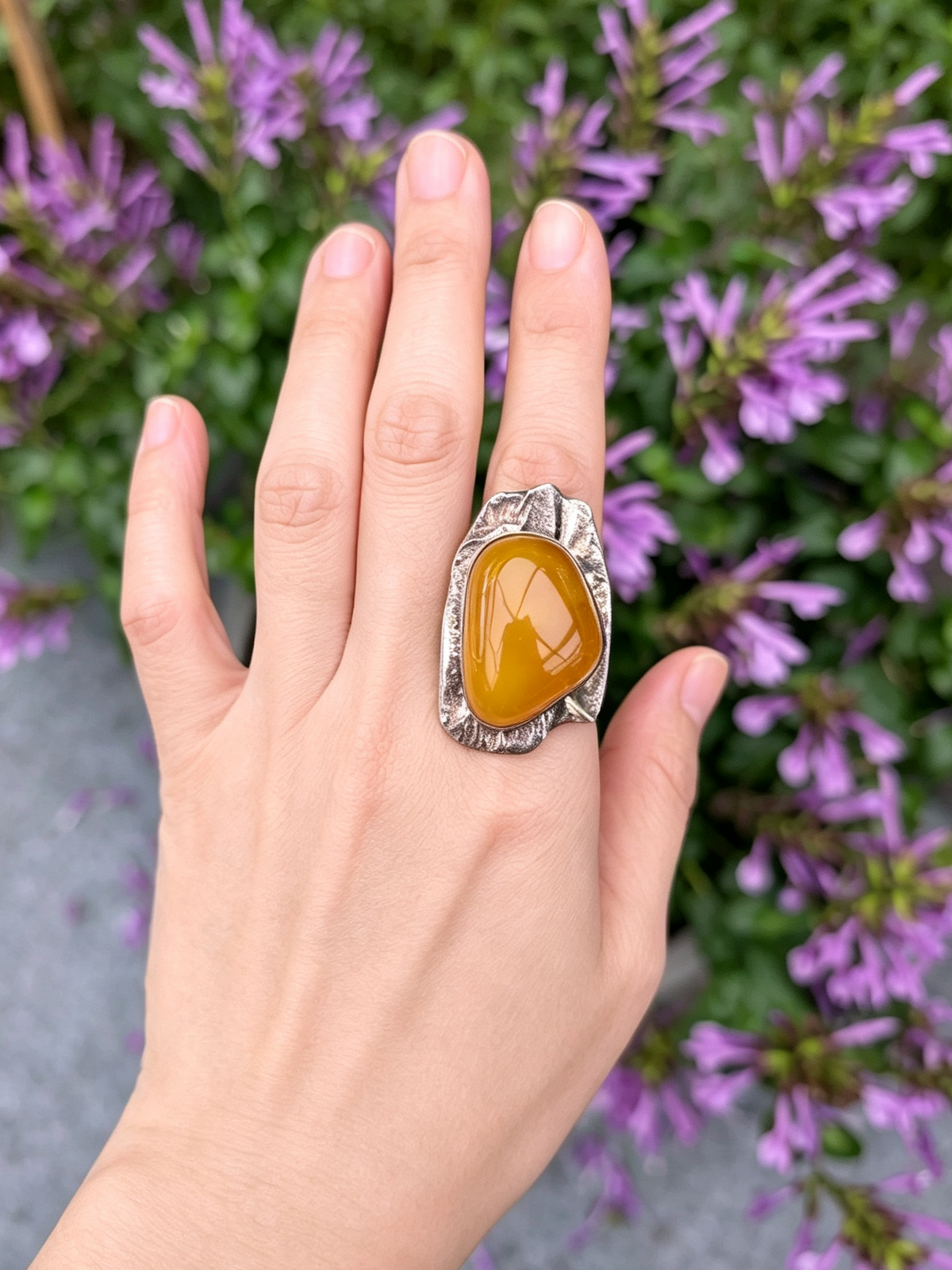 Vintage natural amber ring Danish design sterling silver #3055