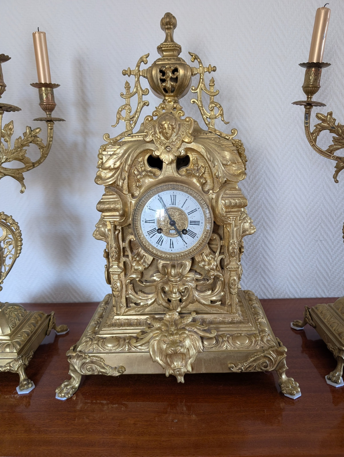 Large Napoleon III Gilt Bronze Mantel Clock With Matching Pair Of Candelabra, 19th Century