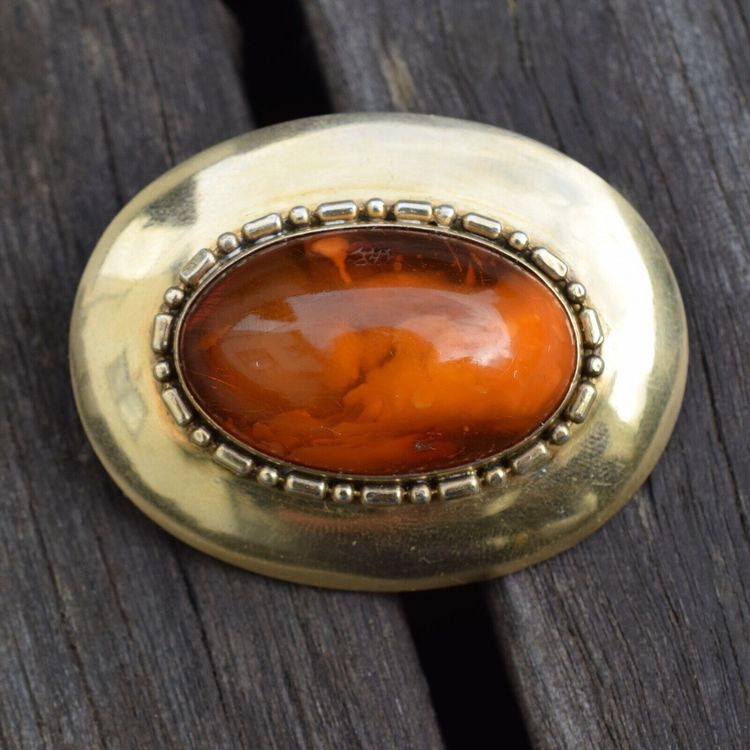Antique Silver Brooch Gilded Silver with Natural Amber Art Nouveau/Art Deco 11g