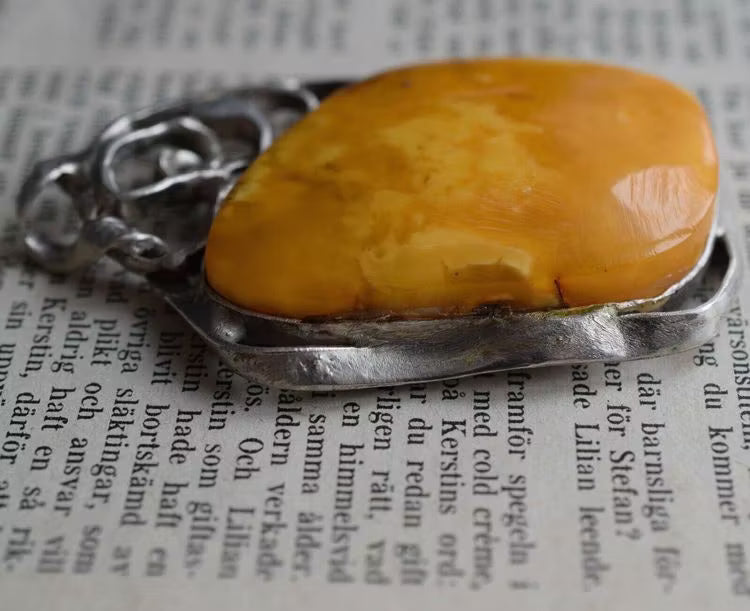 Natural amber pendant with handmade silver baltic amber butterscotch 1970's 38g