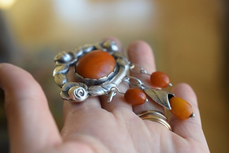 Antique Natural Amber Brooch With Silver From 1920s Art Nouveau 14.6g #2533