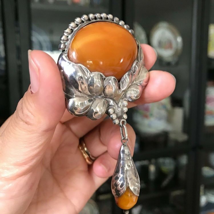 天然琥珀古董胸针 银色 产自丹麦 1930年代 新艺术风格 大号 23克 #2535