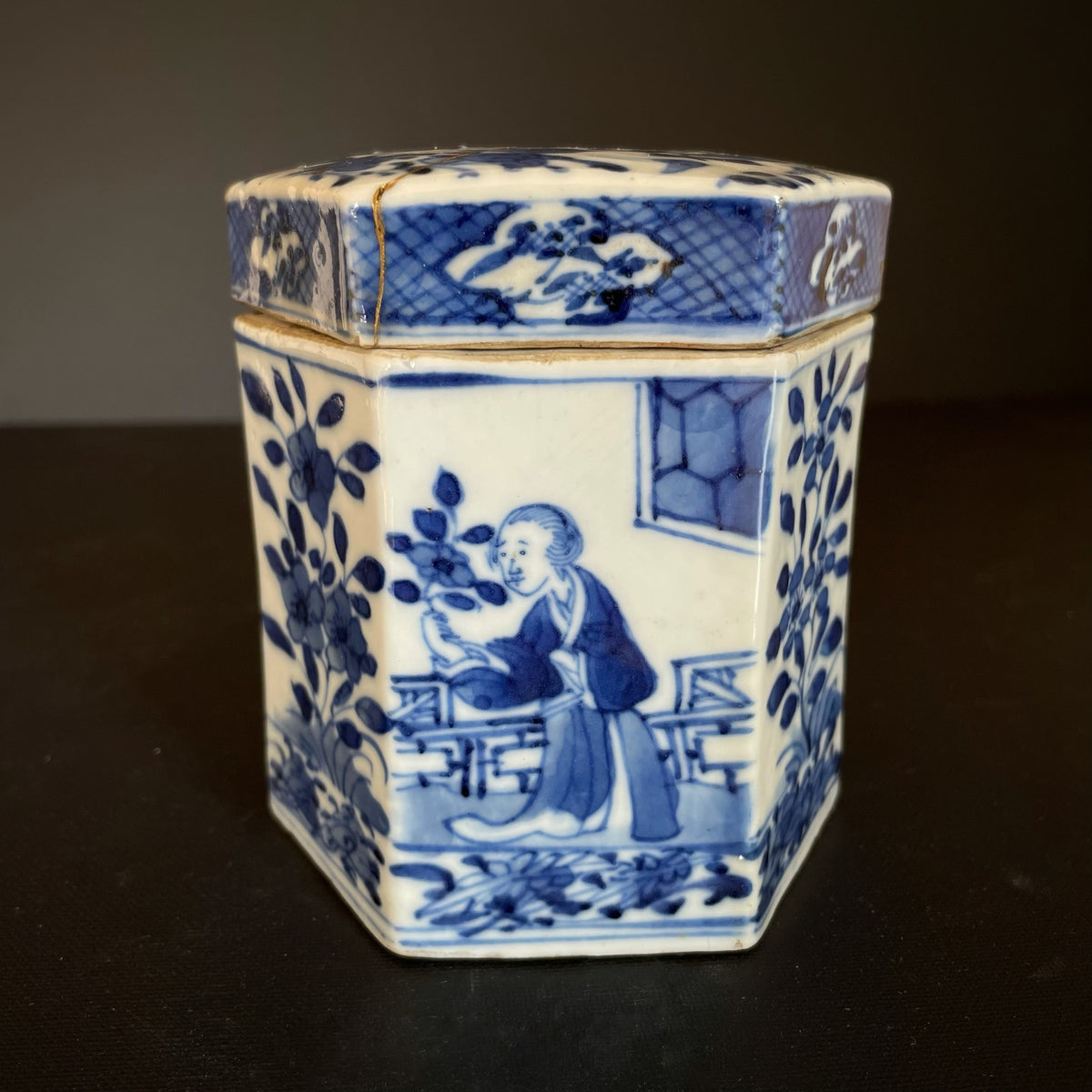 Chinese antique Blue & White Porcelain tea caddy, jar with lid, Late Qing #1609