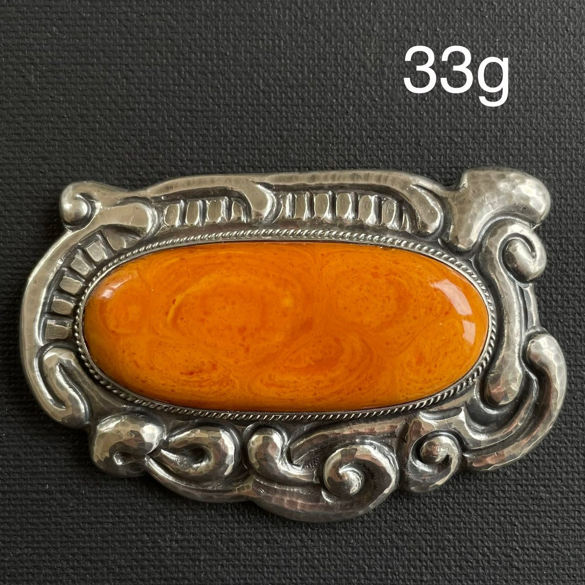 丹麦1893-1936年新艺术风格大号琥珀银质胸针,重33克