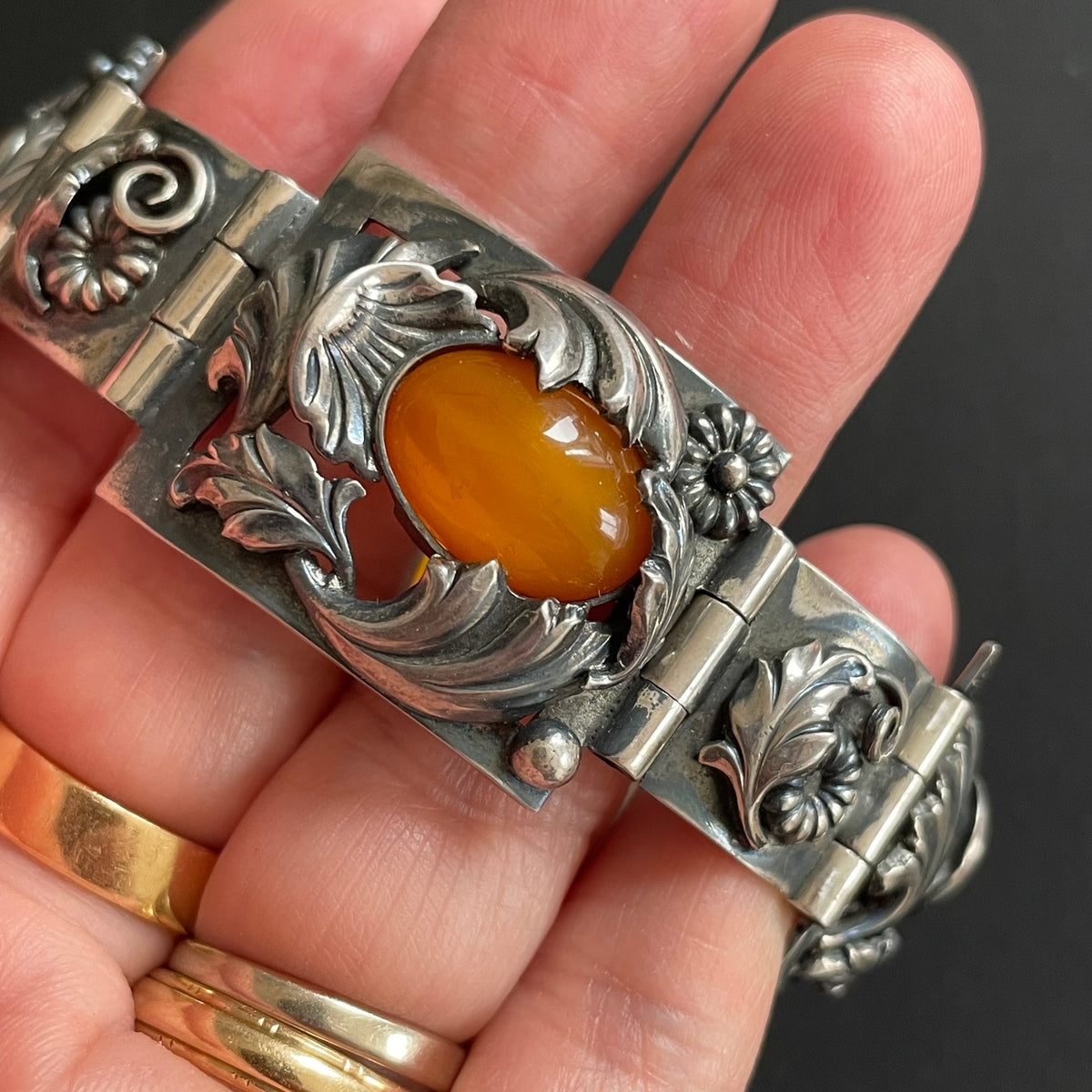 Natural Amber Antique bracelet bangle brooch sterling silver Danish design 60g #2373