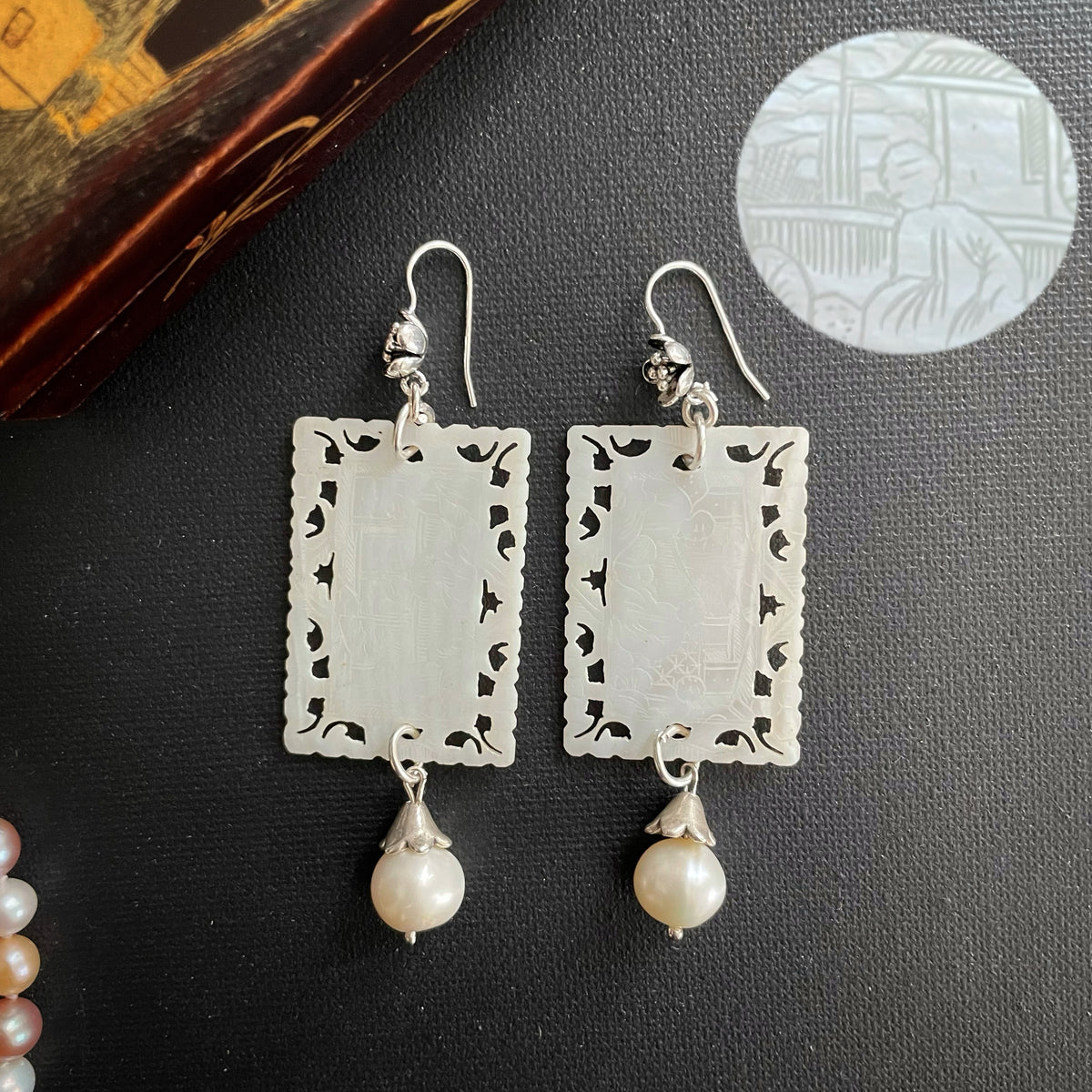 Unique earrings Chinese antique mother of pearl gaming counters chips tokens