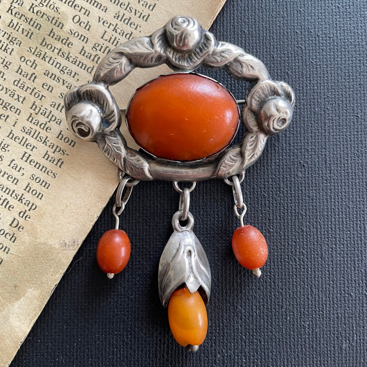 Antique Natural Amber Brooch With Silver From 1920s Art Nouveau 14.6g #2533