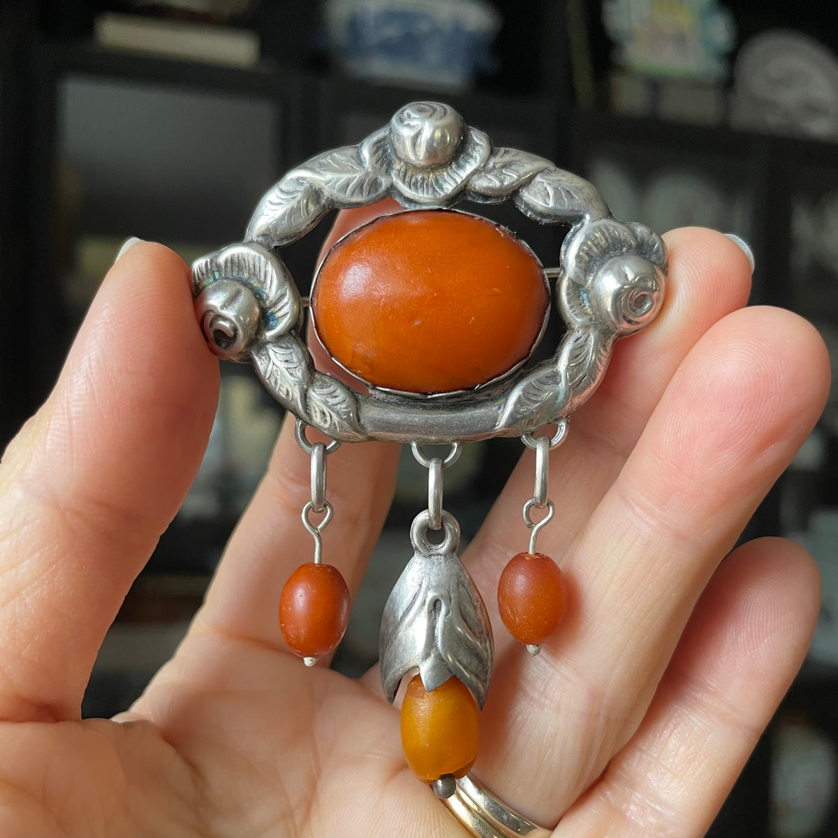 Antique Natural Amber Brooch With Silver From 1920s Art Nouveau 14.6g #2533