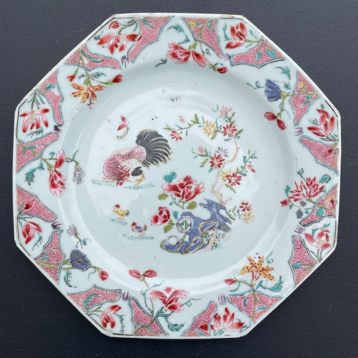 Chinese Antique famille rose plate with cockerel, 18th c #2095