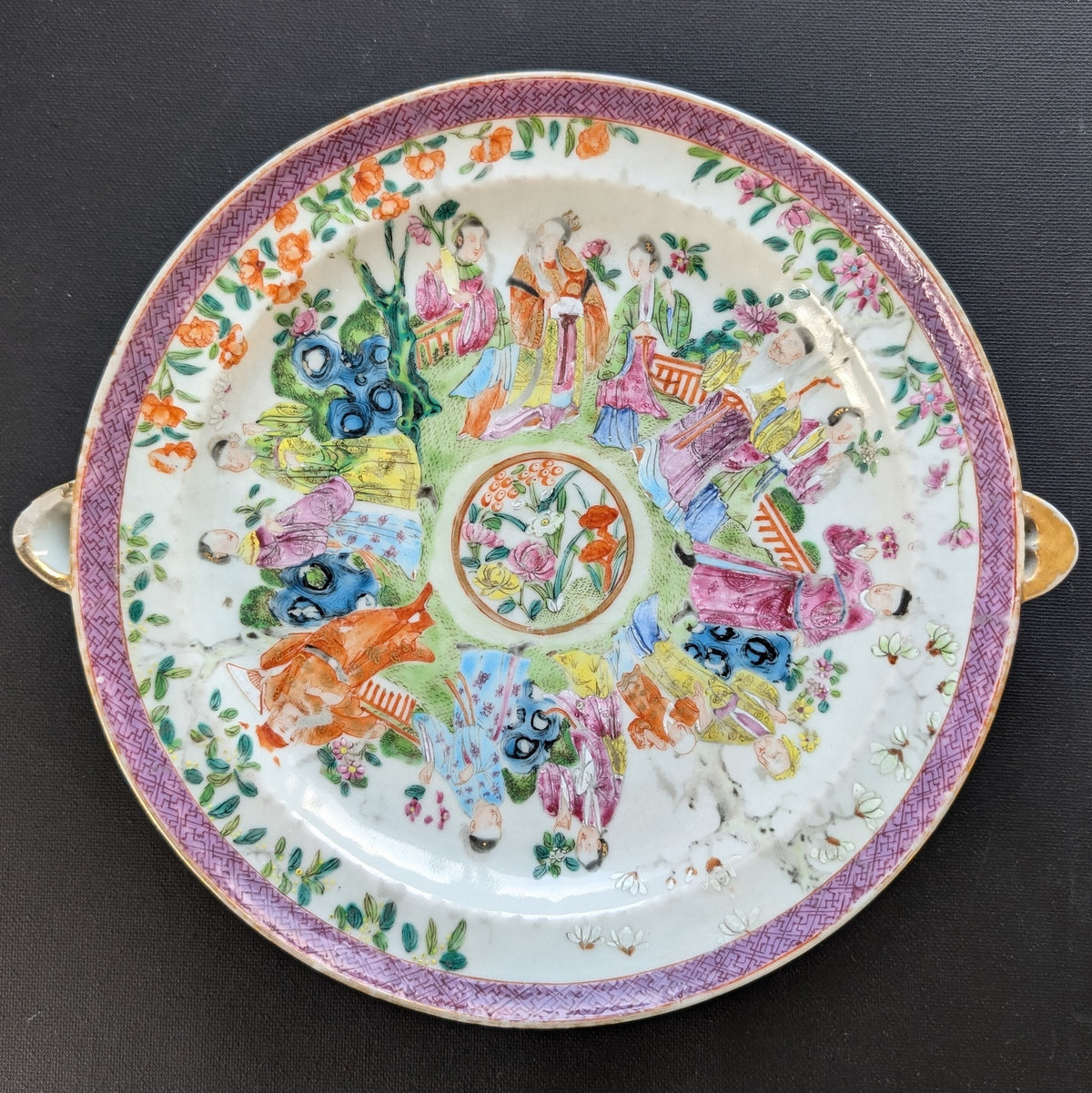 Chinese antique rose mandarin warming plate, 19th century 十二花神 #2182