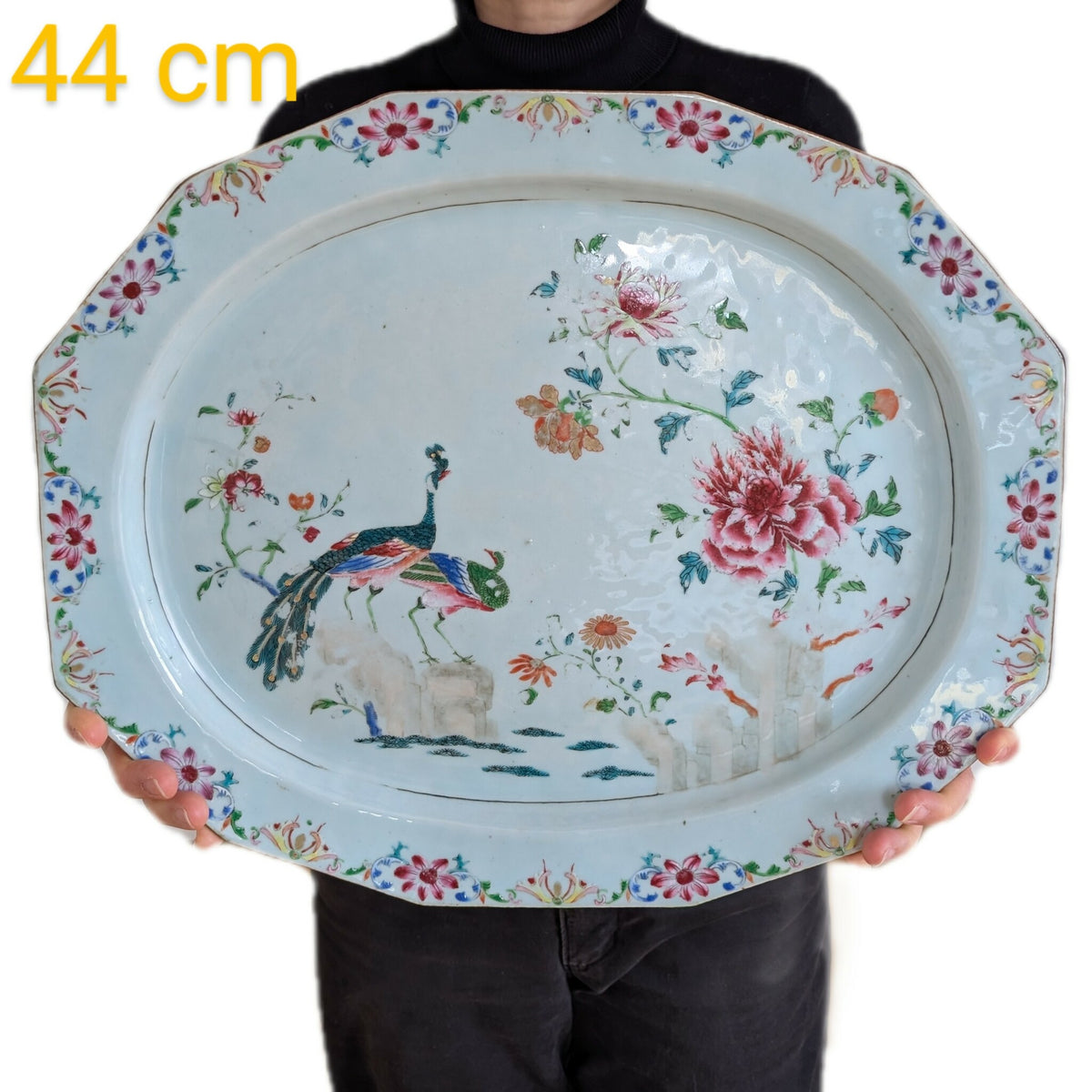 Chinese antique platter in famille rose with double peacocks, 18th c #2288