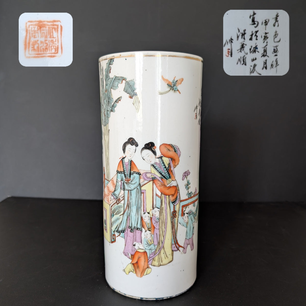 Chinese antique hatstand / brushpot, dated 1914, 五子登科 #2316
