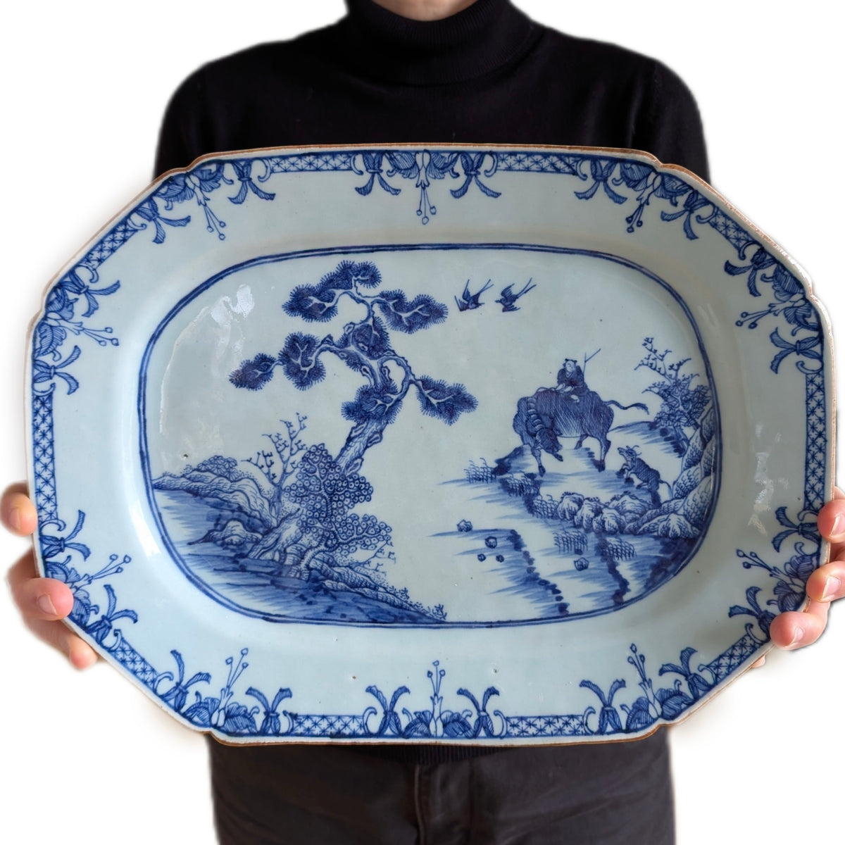 Chinese antique platter in underglazed blue and white with buffalos and herding boy 18th c #2317
