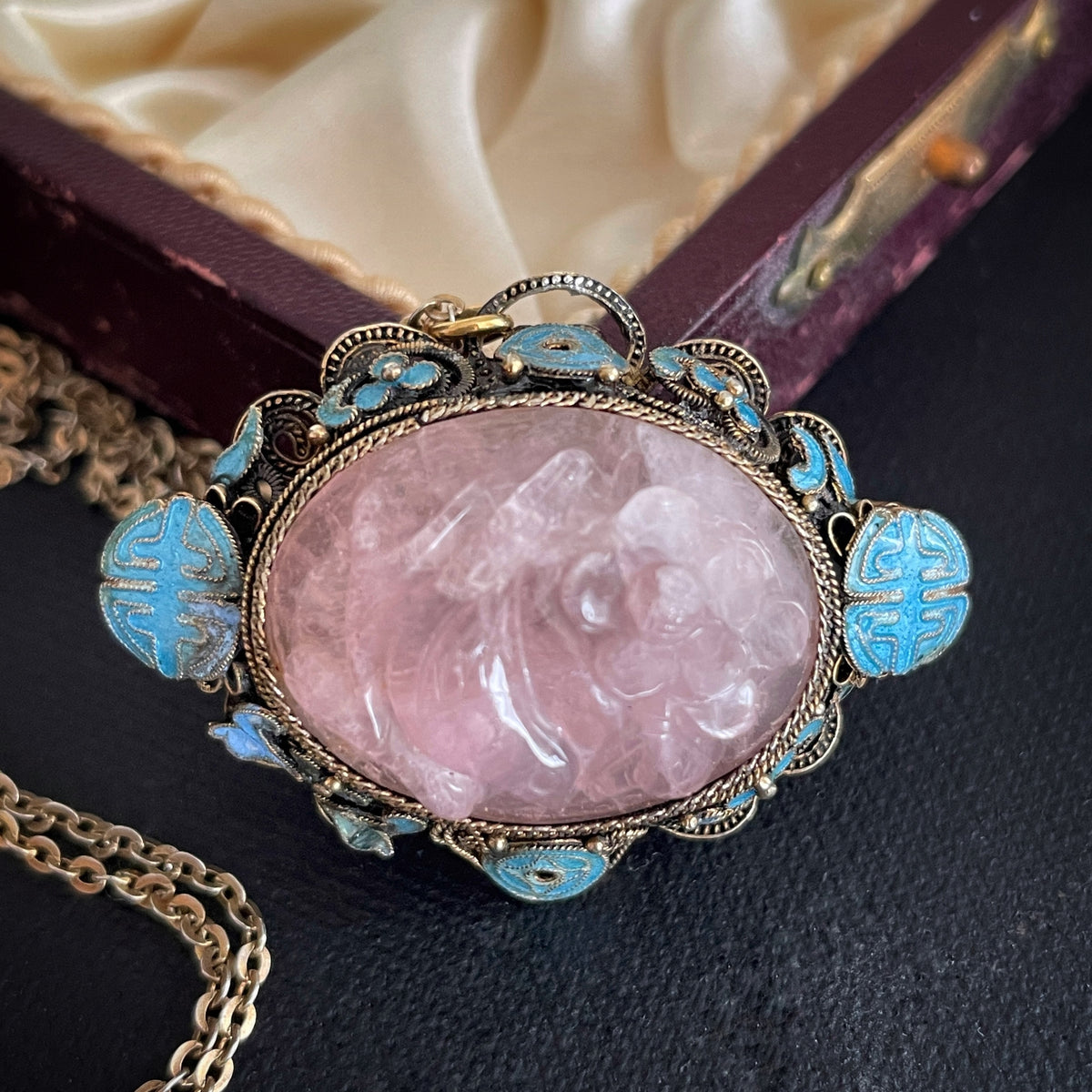 Chinese antique filigree enamel handmade gilded silver with Rose Quartz pendant #2330
