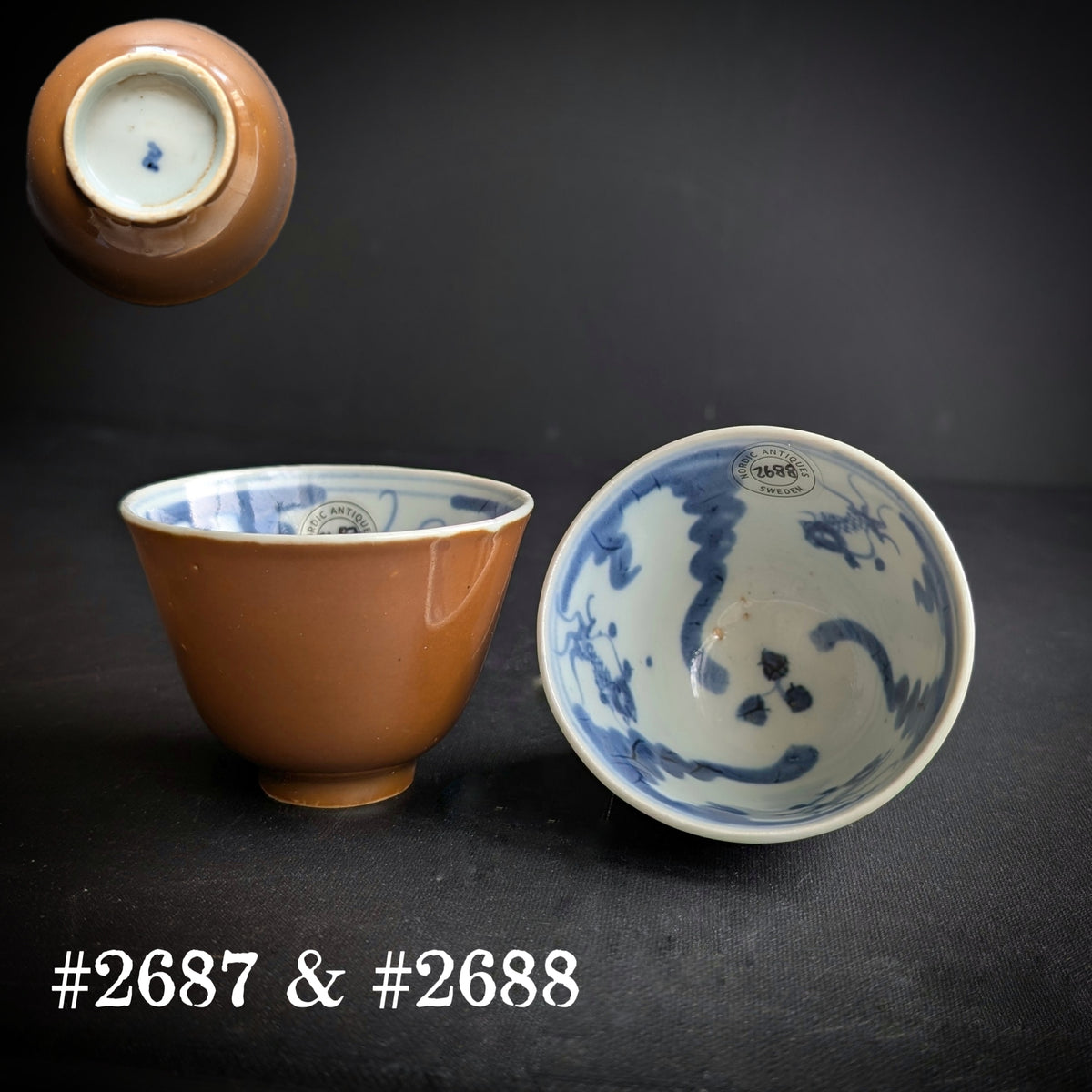 A pair of Chinese batavia brown & underglazed blue porcelain teacups, 19th century #2687, 2688