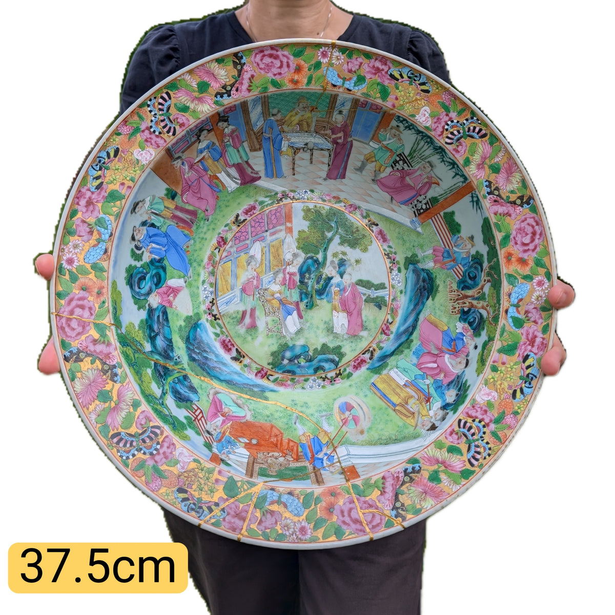 清代道光年间“玫瑰满大人”手绘古董洗手盆,19世纪 #2697