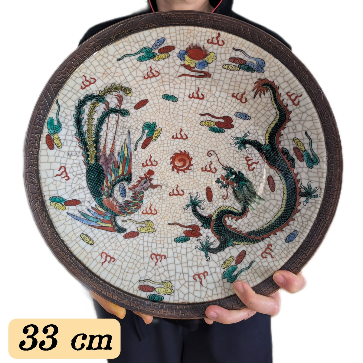 Large vintage Chinese porcelain charger dragon and phoenix Nanjing / Nanking Crackle ware #2861