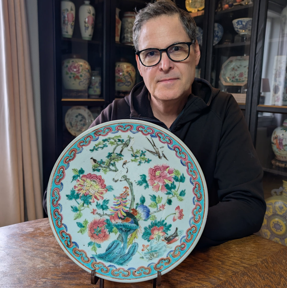 Antique Chinese famille rose charger with pheonix, 19th century #2873