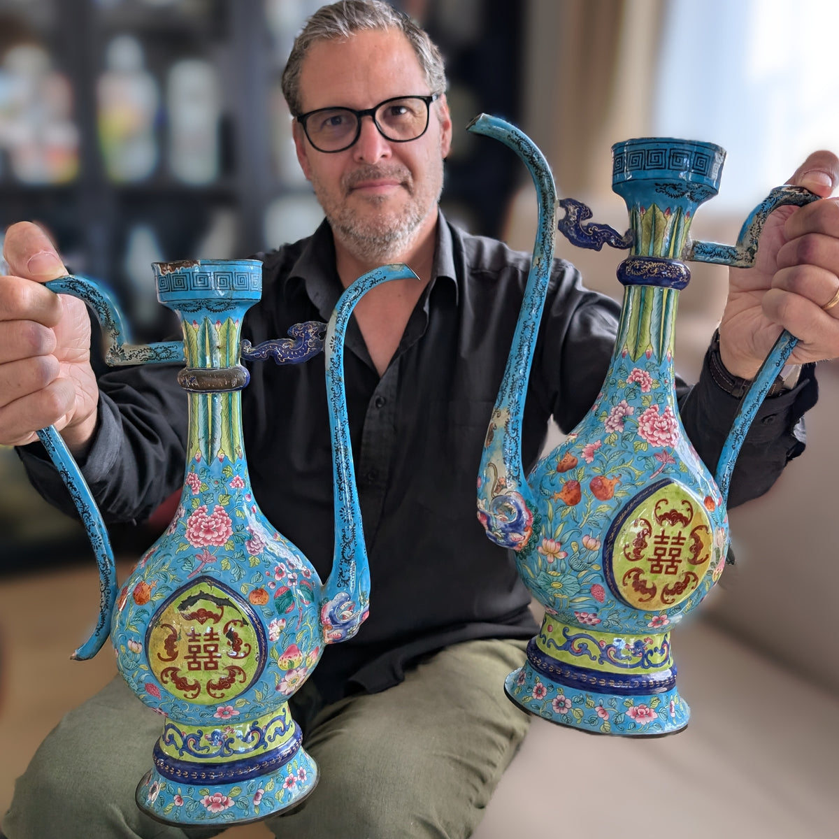 A pair of Chinese antique Canton Enamel on Copper wine ewers, early 18th c #2975, 2976