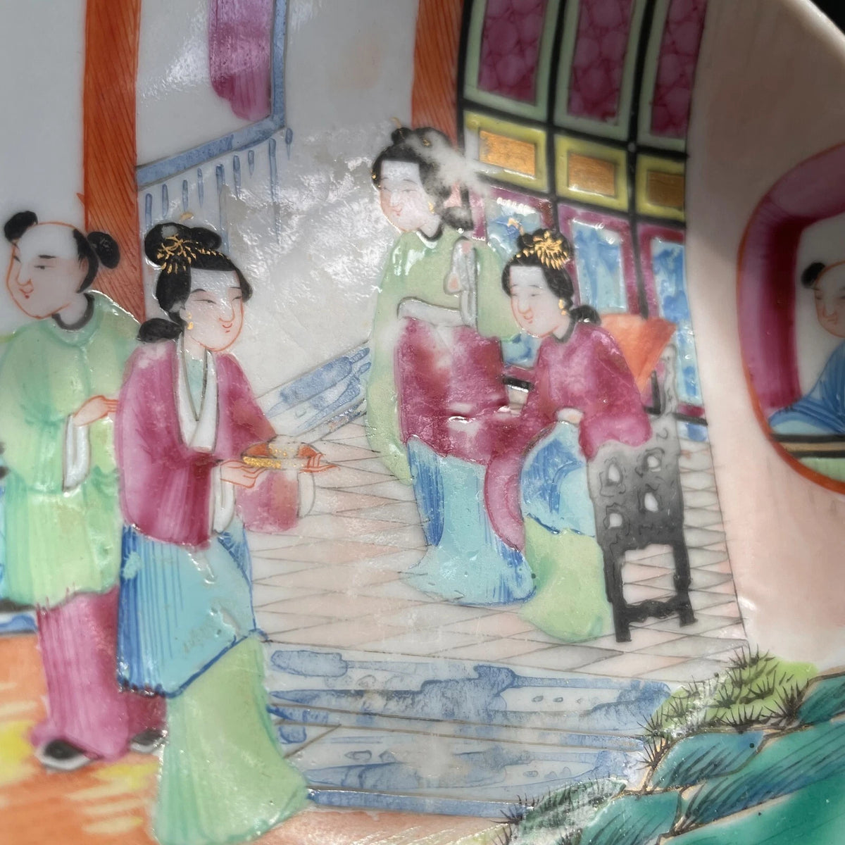 中国古董广彩花鸟纹茶杯及茶托 #1728