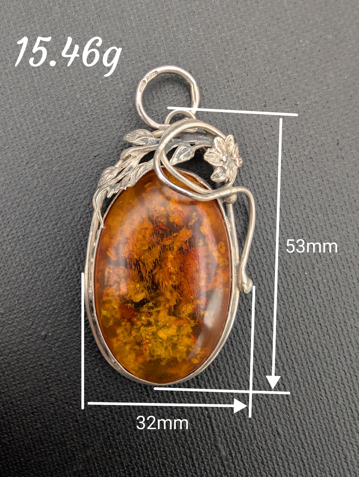 Vintage natural amber pendant Polish design sterling silver #3059