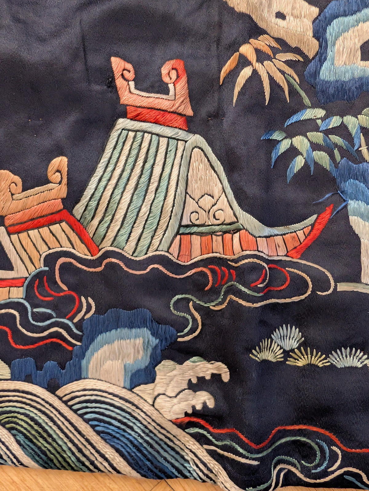 Chinese Antique silk embroidery with peaches and cranes, Qing Dynasty #2836