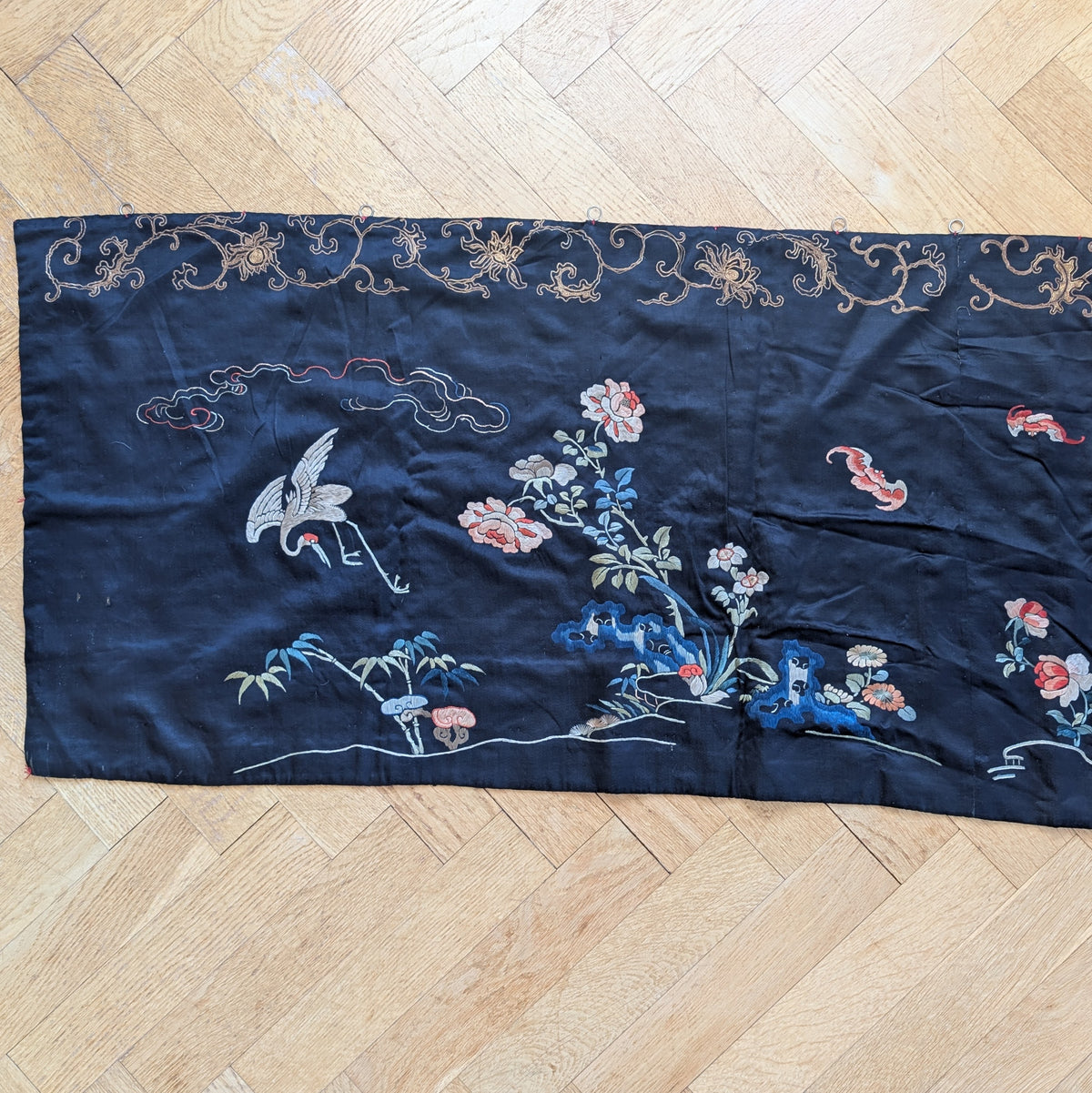 Chinese Antique silk embroidery with peaches and cranes, Qing Dynasty #2836