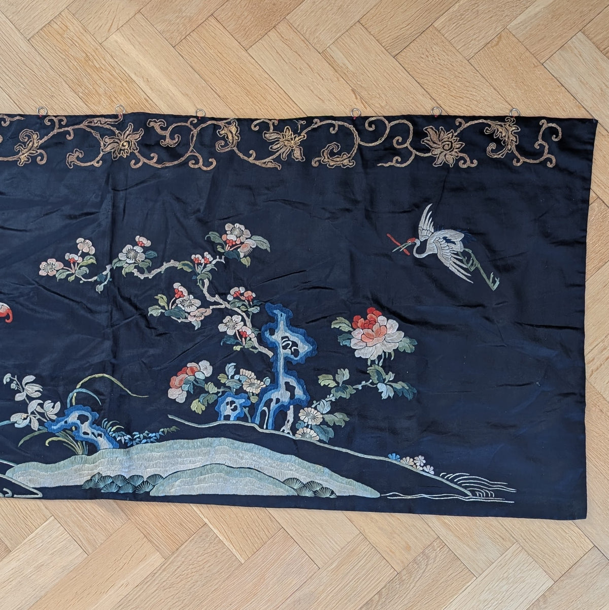 Chinese Antique silk embroidery with peaches and cranes, Qing Dynasty #2836