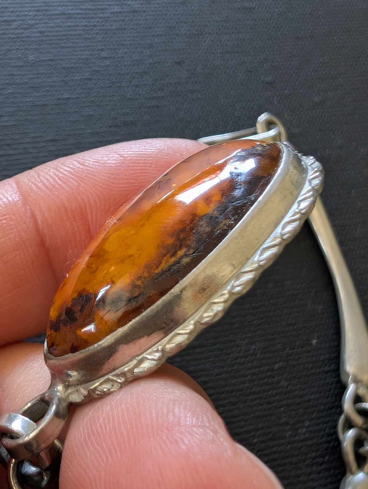 Unique Scandinavian design pewter necklace with Baltic amber #2950