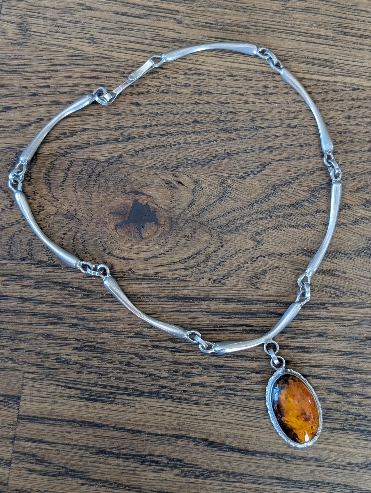 Unique Scandinavian design pewter necklace with Baltic amber #2950