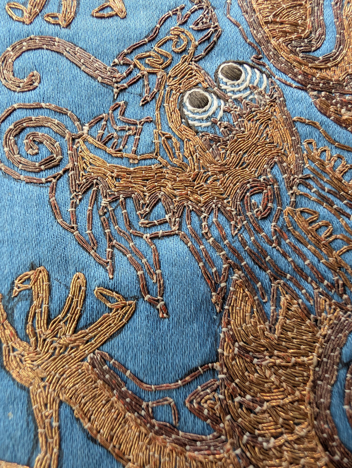 Chinese antique gold thread embroidery of double phoenix and dragons 19c #2969