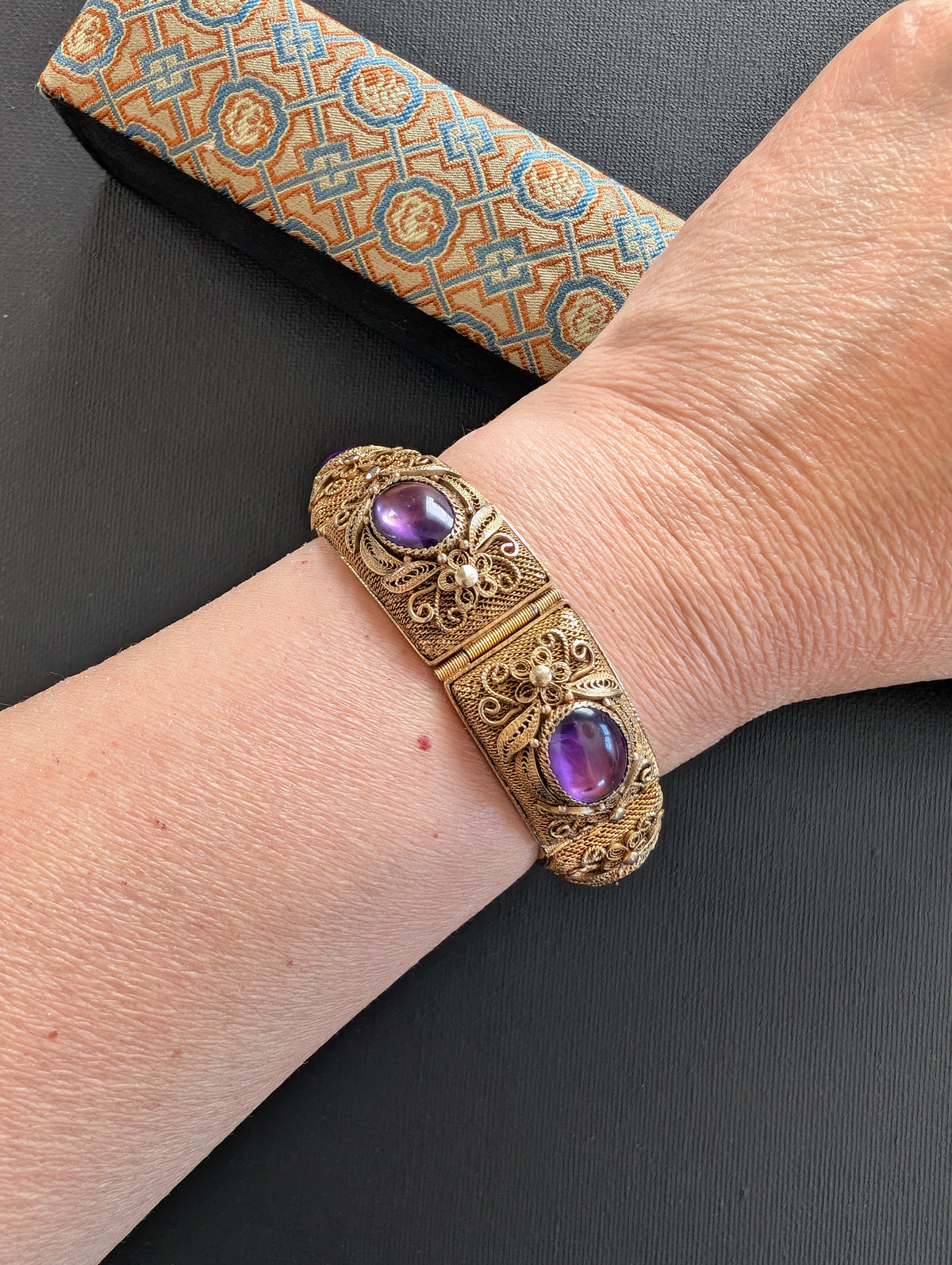 Chinese filigree handmade gilt silver filigree jewelry bracelet with amethyst stones #2972