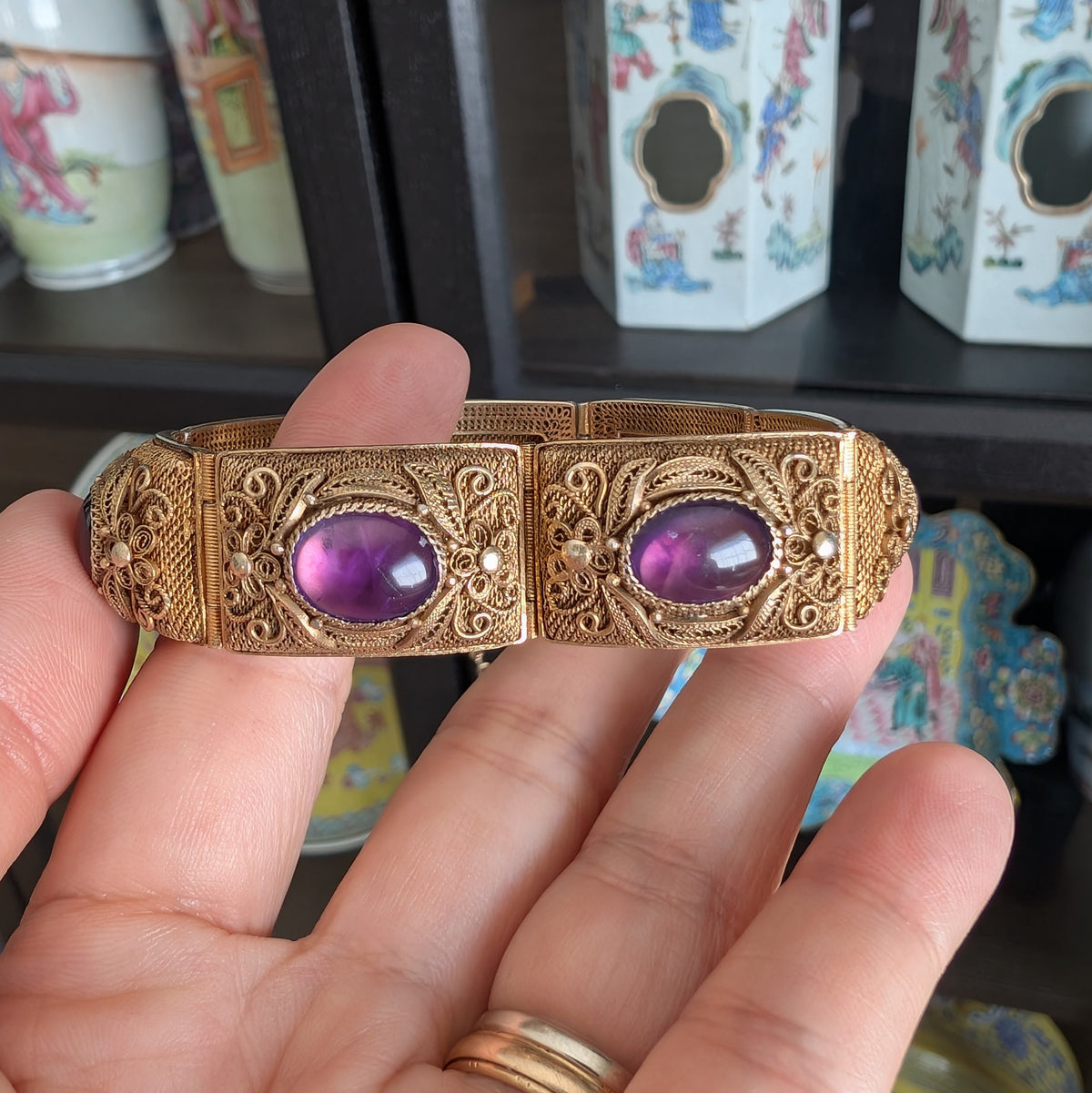 Chinese filigree handmade gilt silver filigree jewelry bracelet with amethyst stones #2972