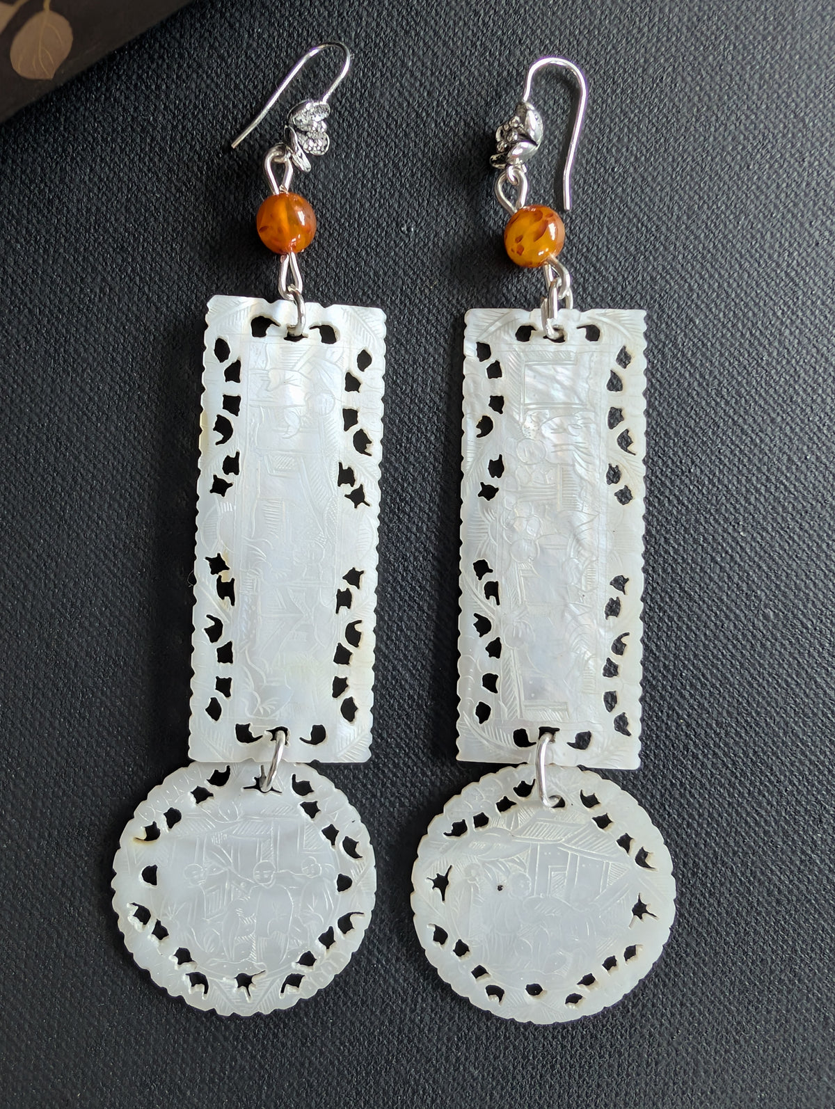 Unique design earrings with antique Chinese mother of pearl gaming counters chips tokens #2989