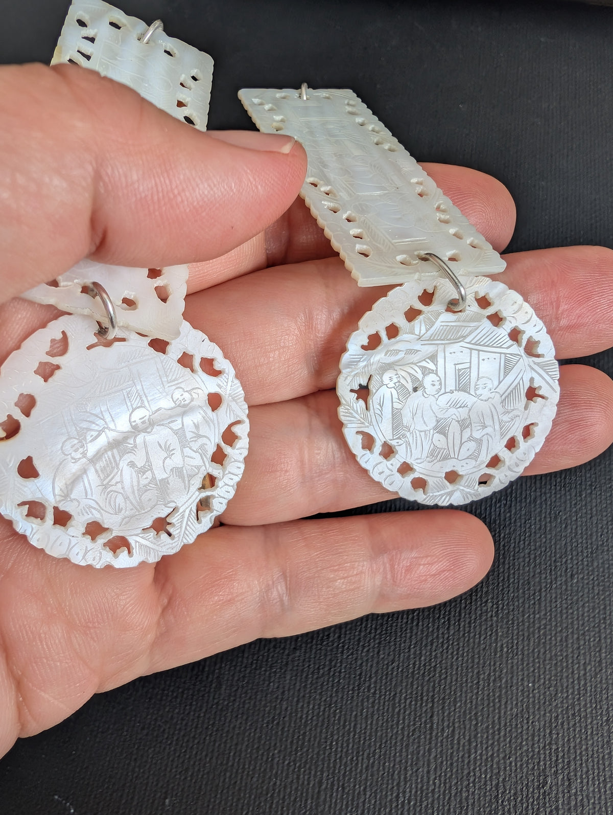 Unique design earrings with antique Chinese mother of pearl gaming counters chips tokens #2989