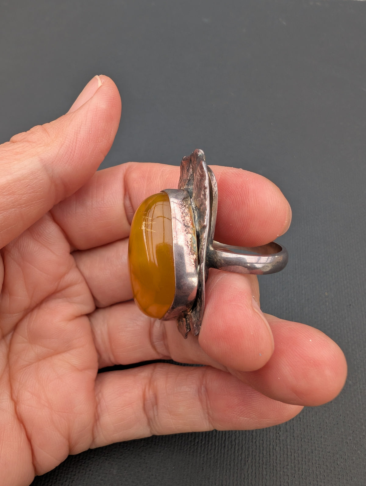 Vintage natural amber ring Danish design sterling silver #3055