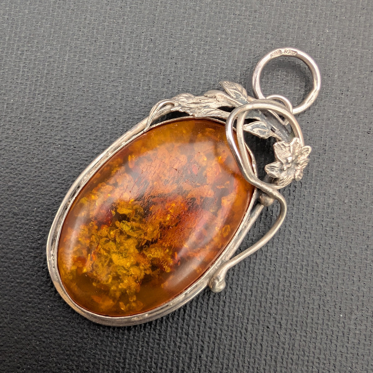 Vintage natural amber pendant Polish design sterling silver #3059