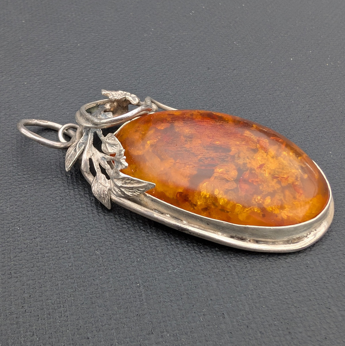Vintage natural amber pendant Polish design sterling silver #3059