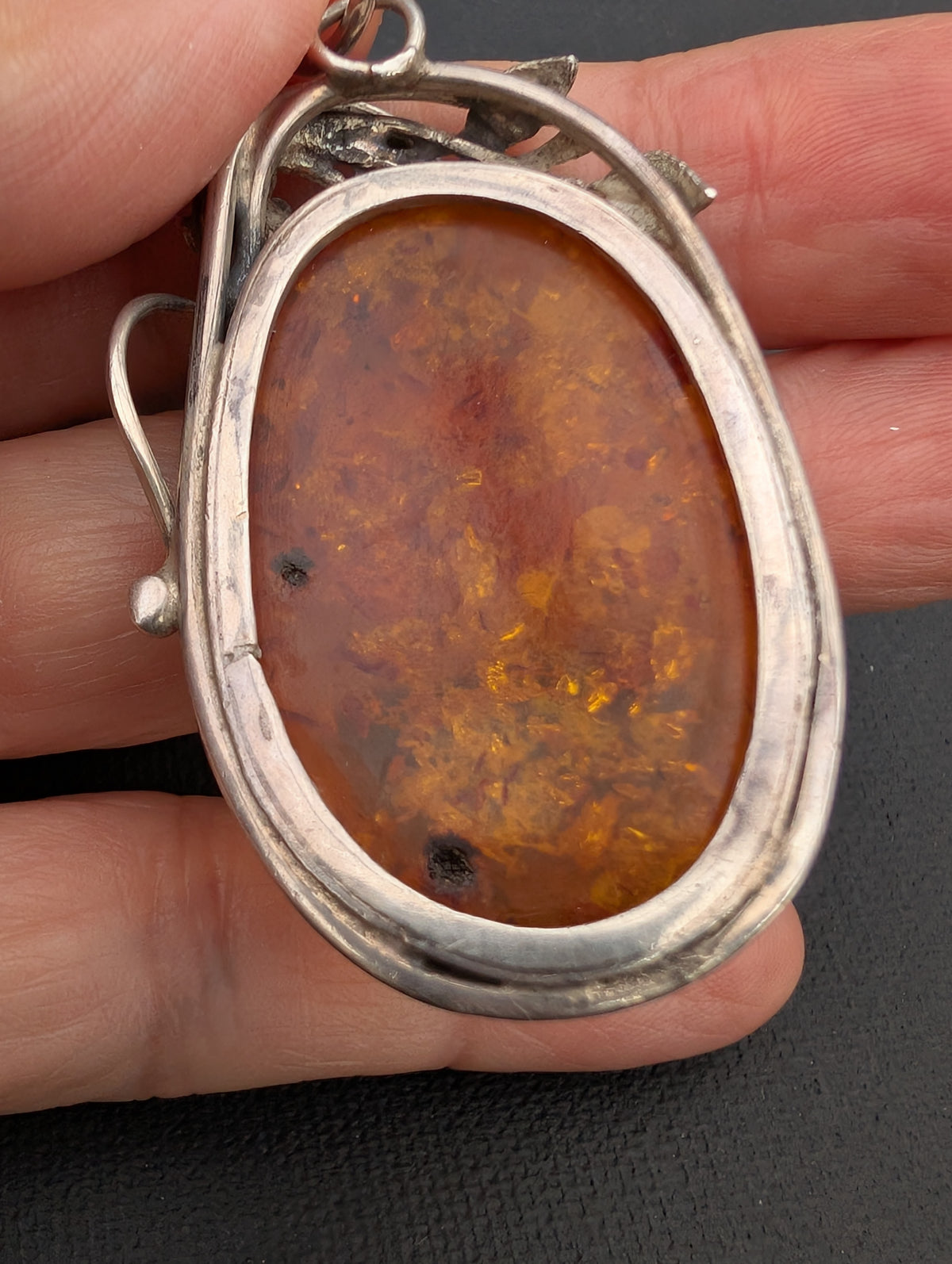 Vintage natural amber pendant Polish design sterling silver #3059