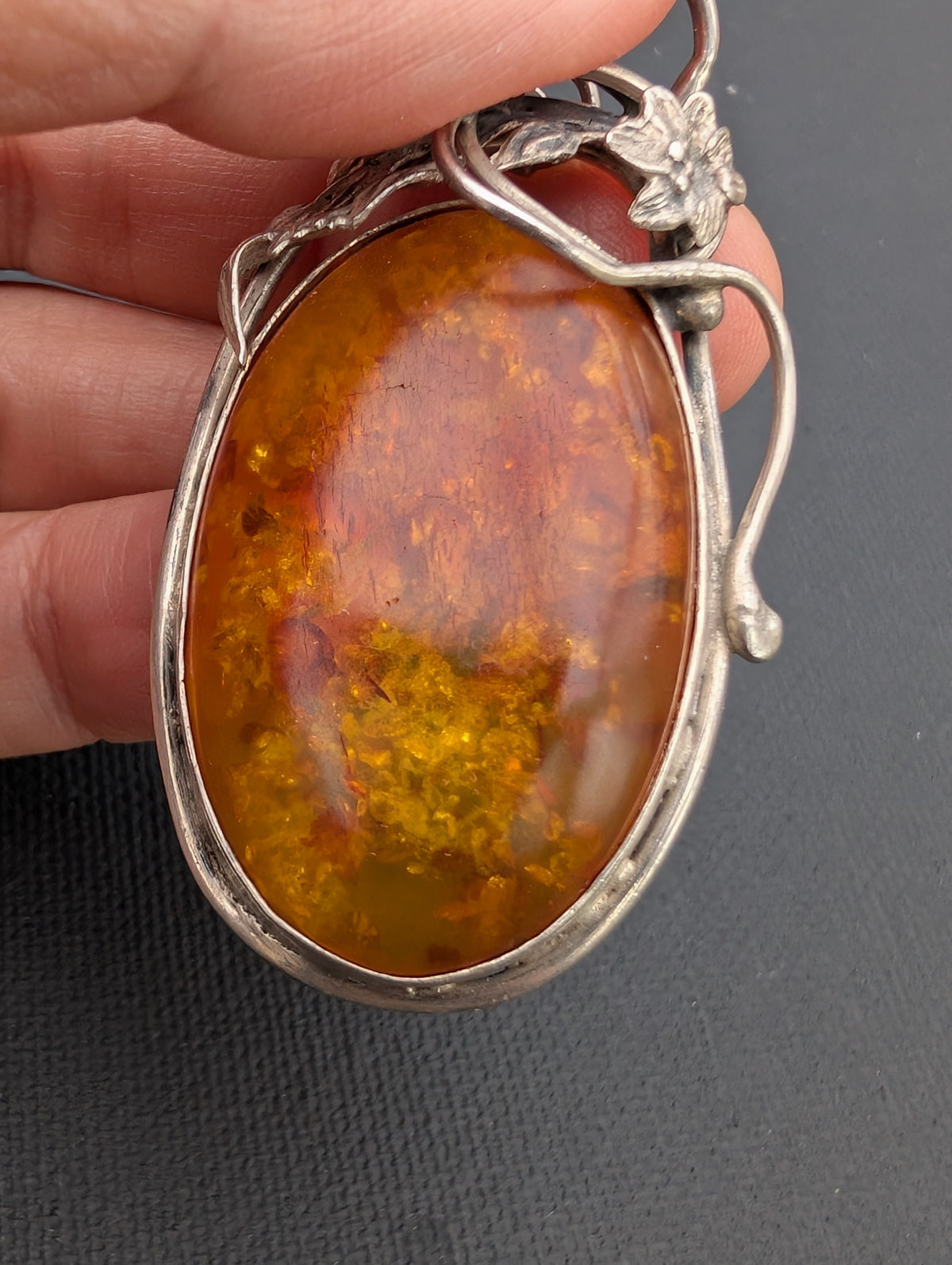 Vintage natural amber pendant Polish design sterling silver #3059