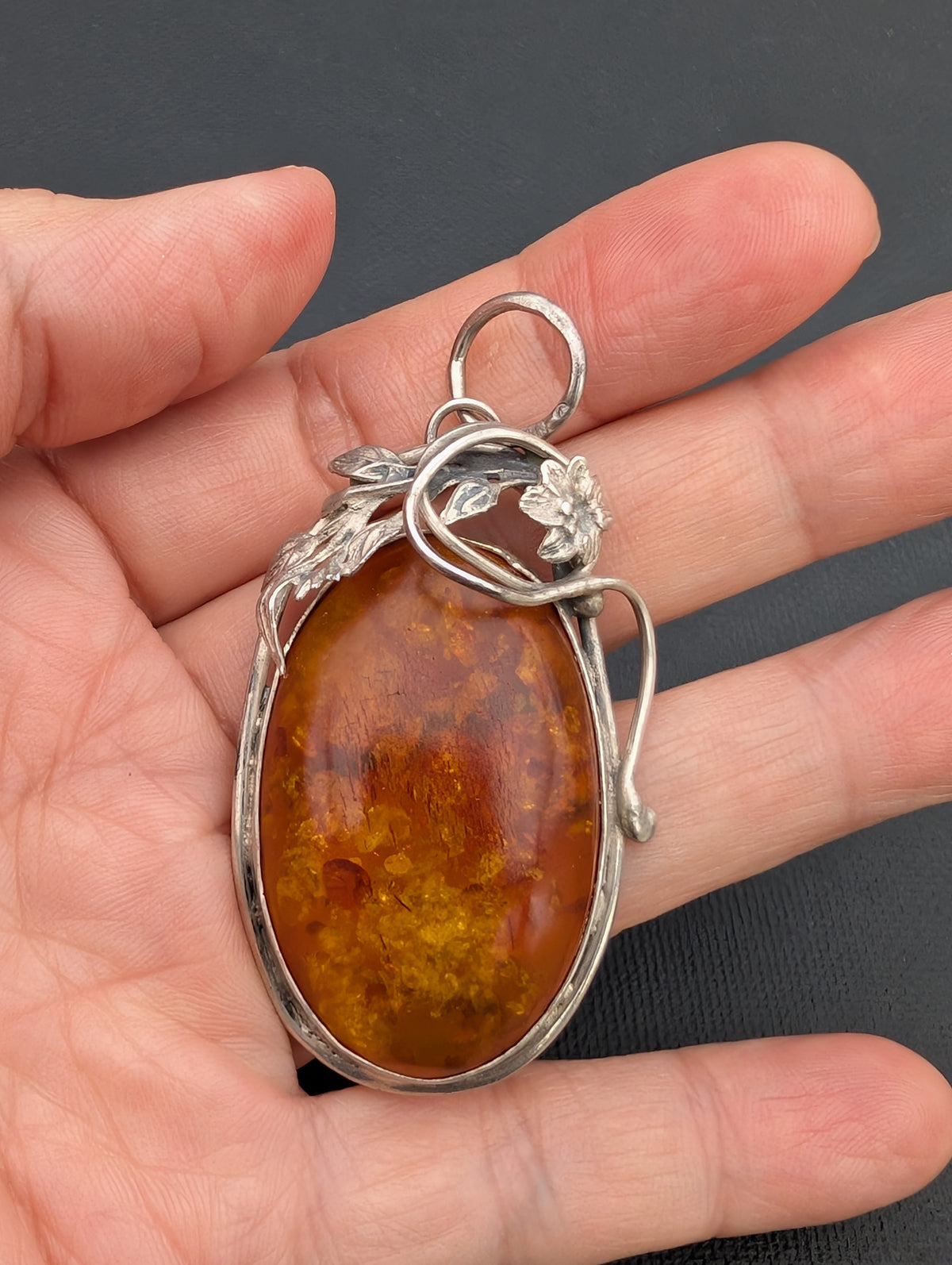 Vintage natural amber pendant Polish design sterling silver #3059