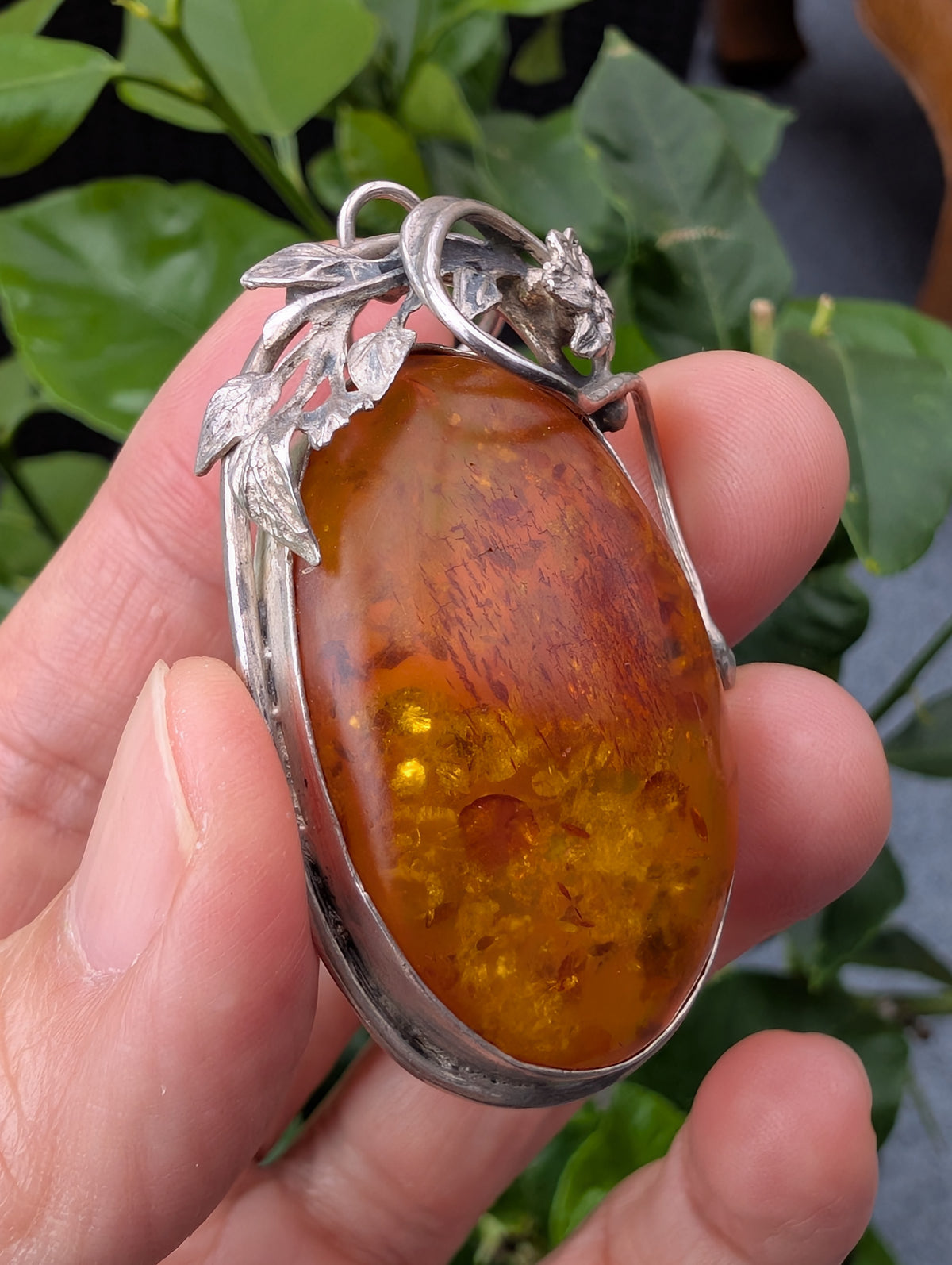 Vintage natural amber pendant Polish design sterling silver #3059