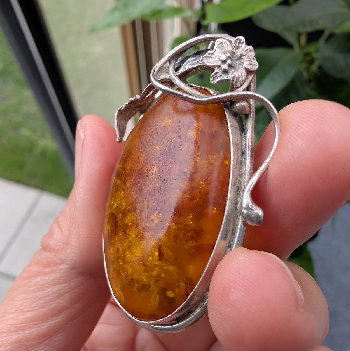 Vintage natural amber pendant Polish design sterling silver #3059