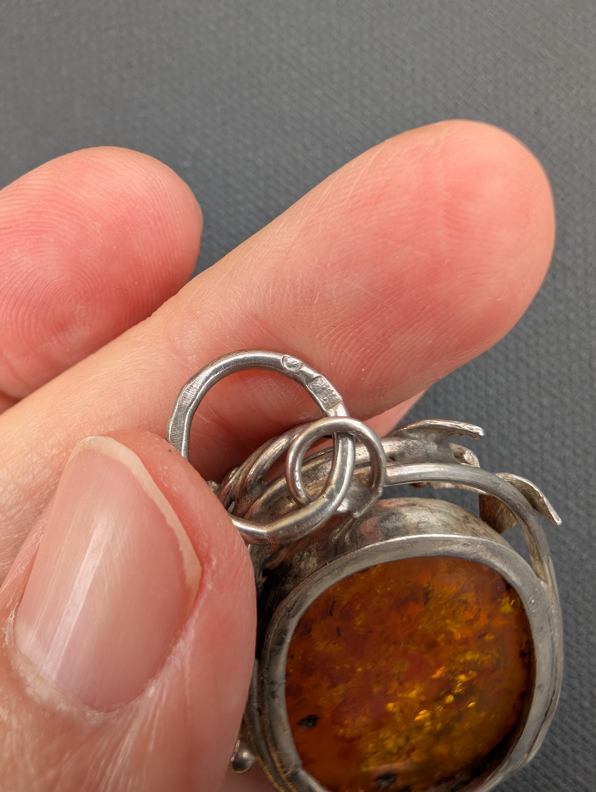 Vintage natural amber pendant Polish design sterling silver #3059
