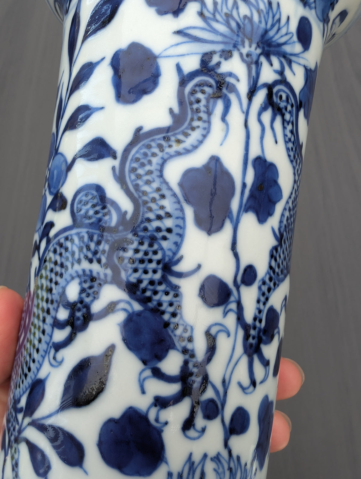 Chinese antique sleeve vase with double dragons, Late Qing #3075